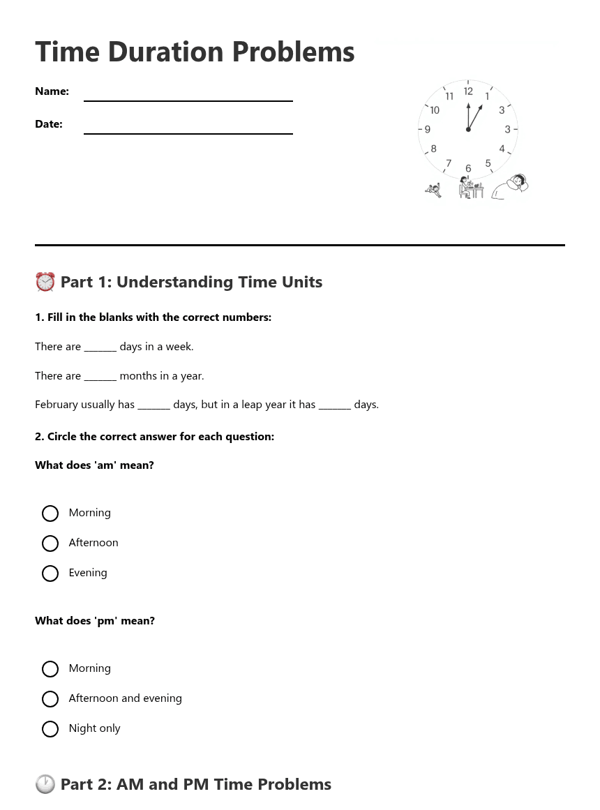 Time Duration Problems worksheet preview