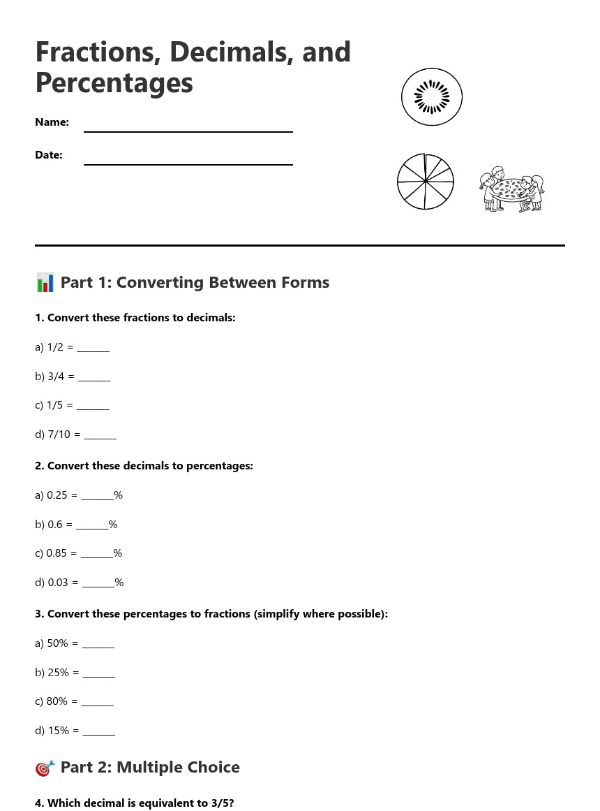 Fractions, Decimals, and Percentages worksheet preview