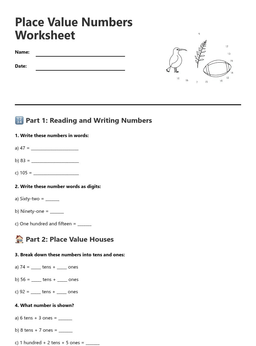 Place Value Numbers Worksheet worksheet preview