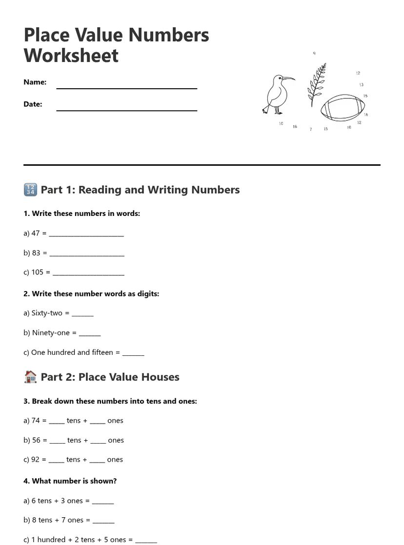 Place Value Numbers Worksheet