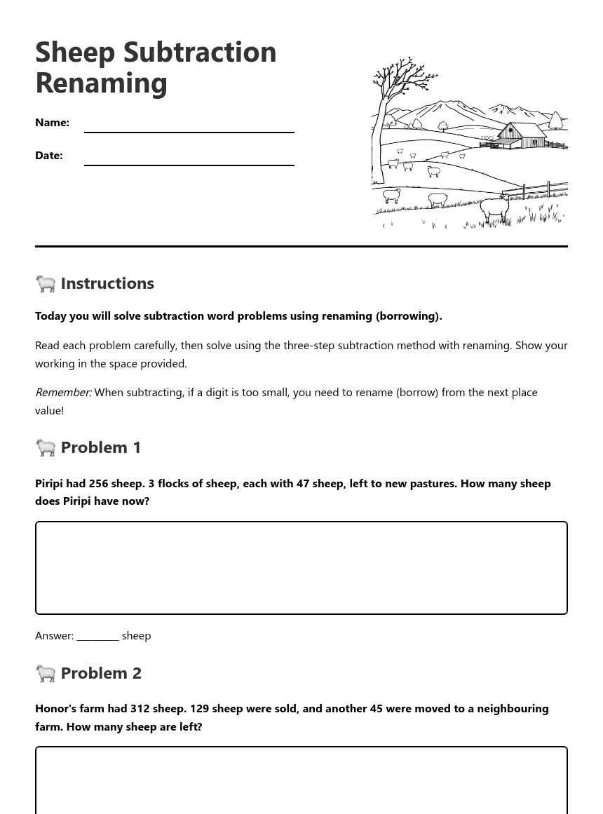 Sheep Subtraction Renaming worksheet preview