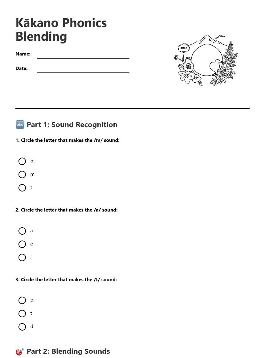 Kākano Phonics Blending worksheet preview