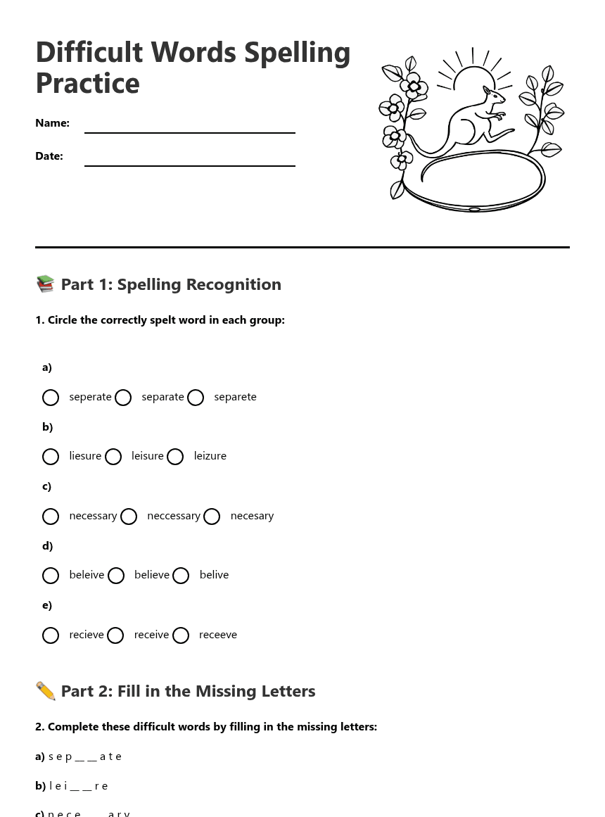 Difficult Words Spelling Practice worksheet preview