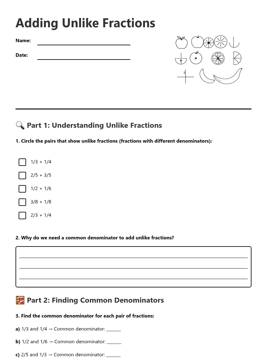 Adding Unlike Fractions worksheet preview