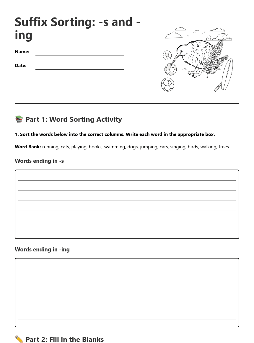 Suffix Sorting: -s and -ing worksheet preview