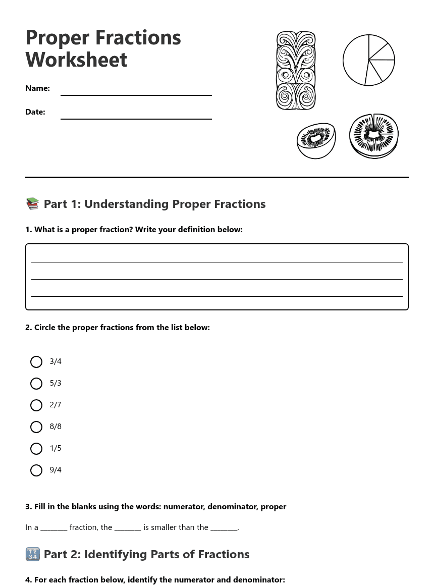 Proper Fractions Worksheet worksheet preview