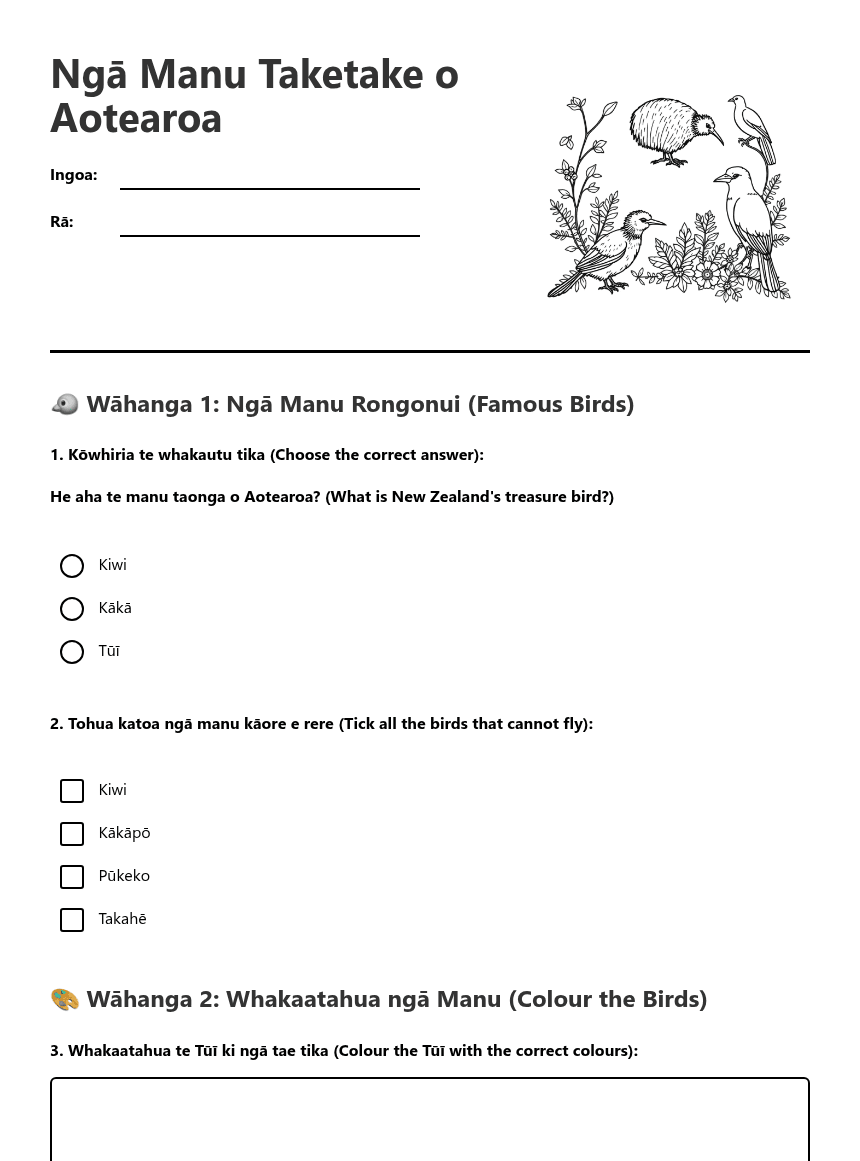 NZ Native Birds Māori worksheet preview