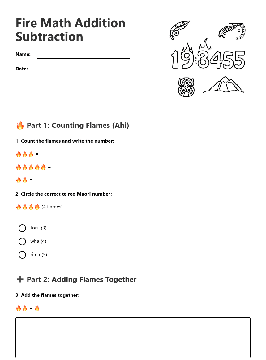 Fire Math Addition Subtraction worksheet preview