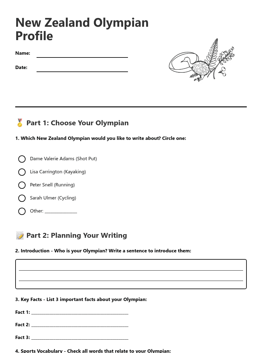 New Zealand Olympian Profile worksheet preview