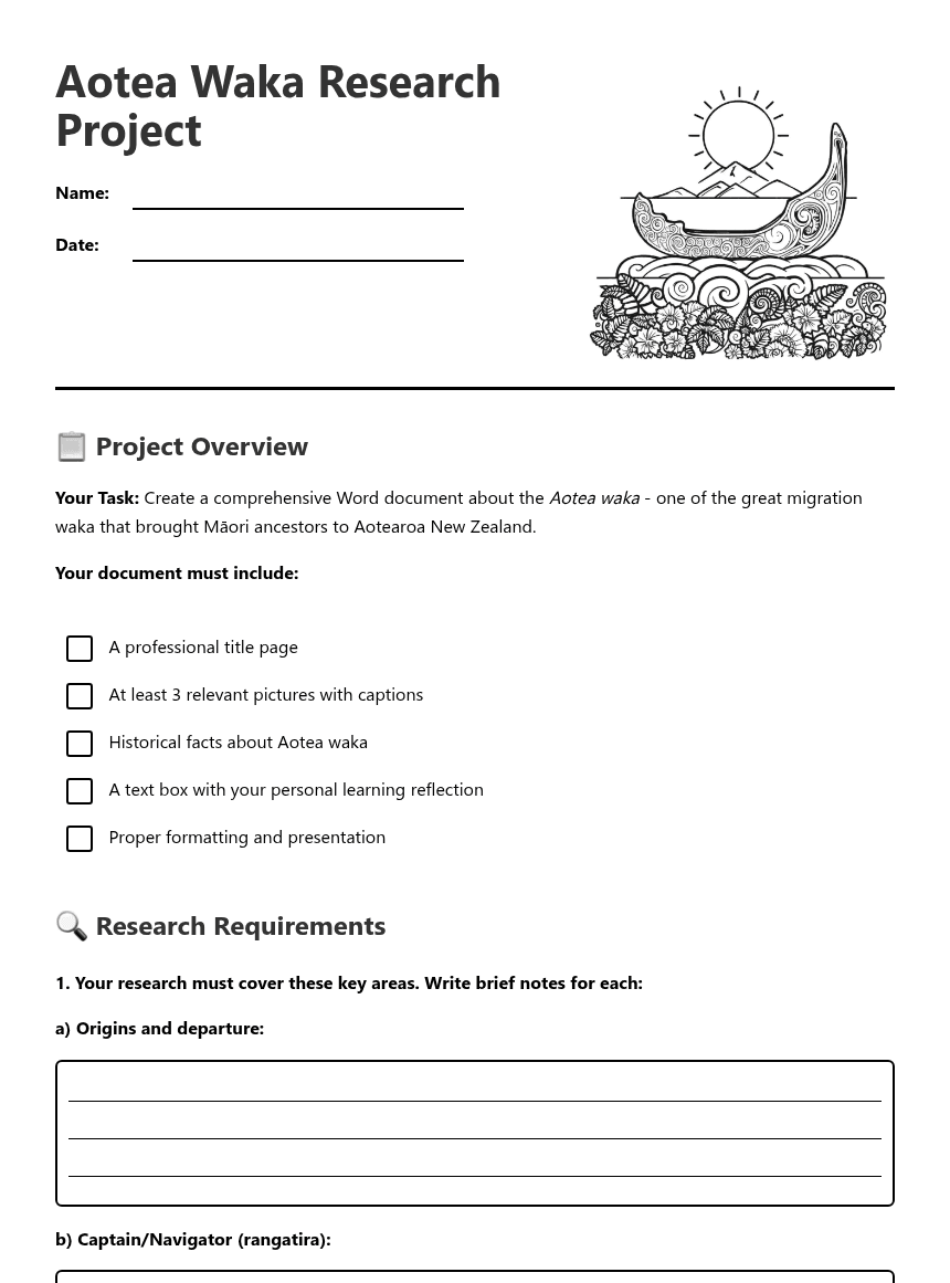Aotea Waka Research Project worksheet preview