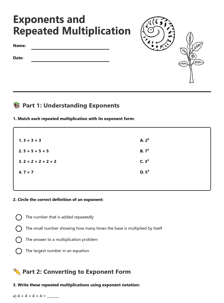 Exponents and Repeated Multiplication worksheet preview