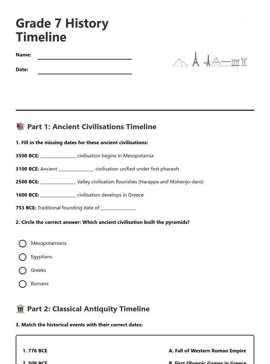 Grade 7 History Timeline worksheet preview