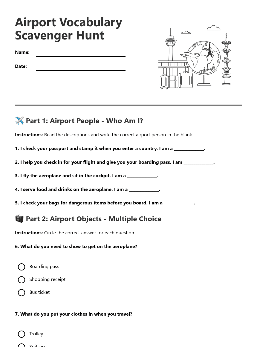 Airport Vocabulary Scavenger Hunt worksheet preview