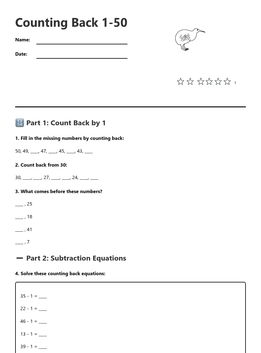 Counting Back 1-50 worksheet preview
