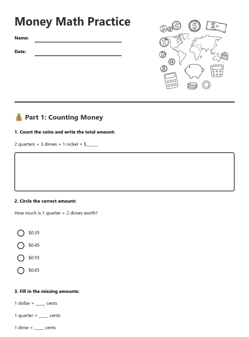 Money Math Practice worksheet preview