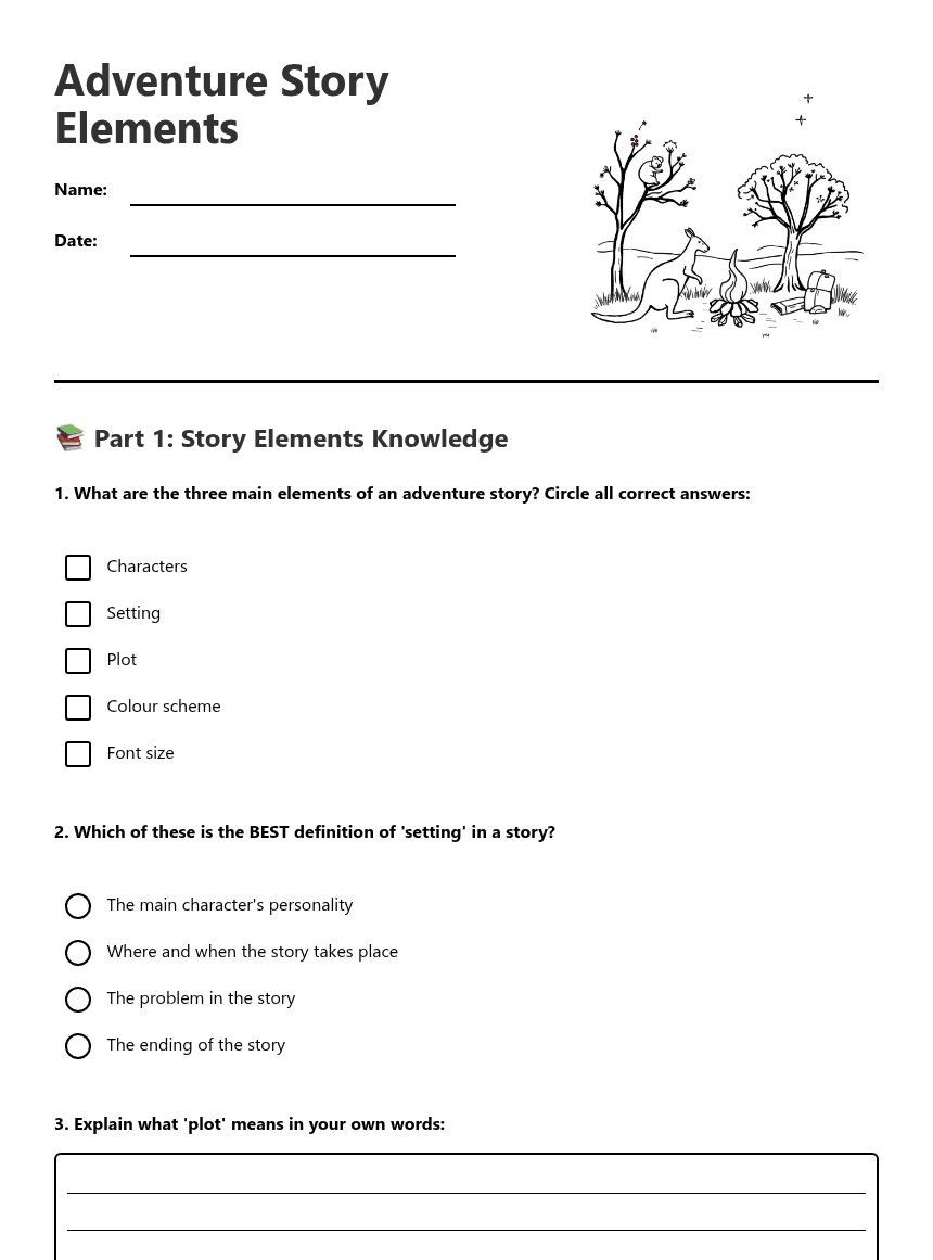 Adventure Story Elements worksheet preview