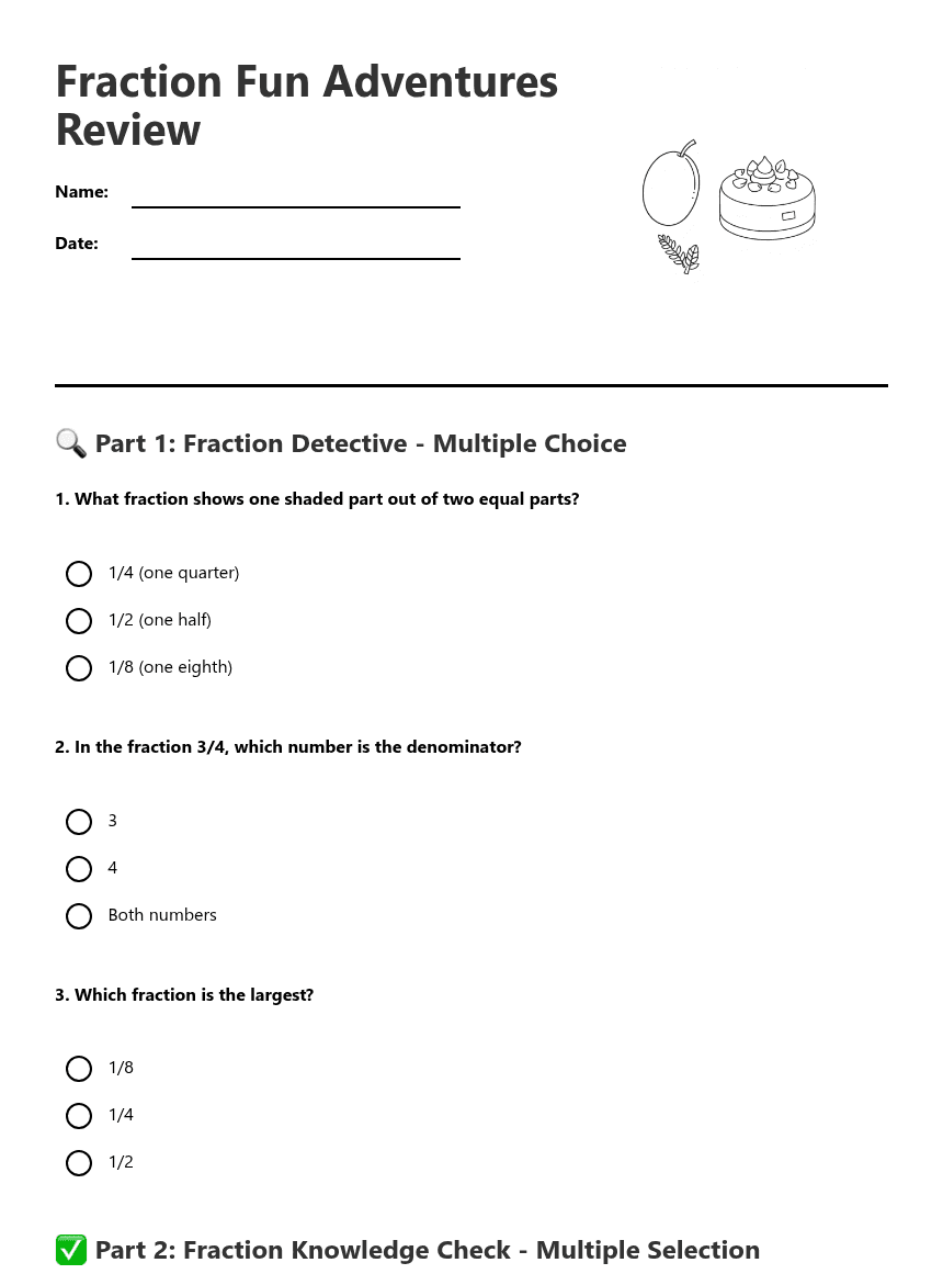 Fraction Fun Adventures Review worksheet preview