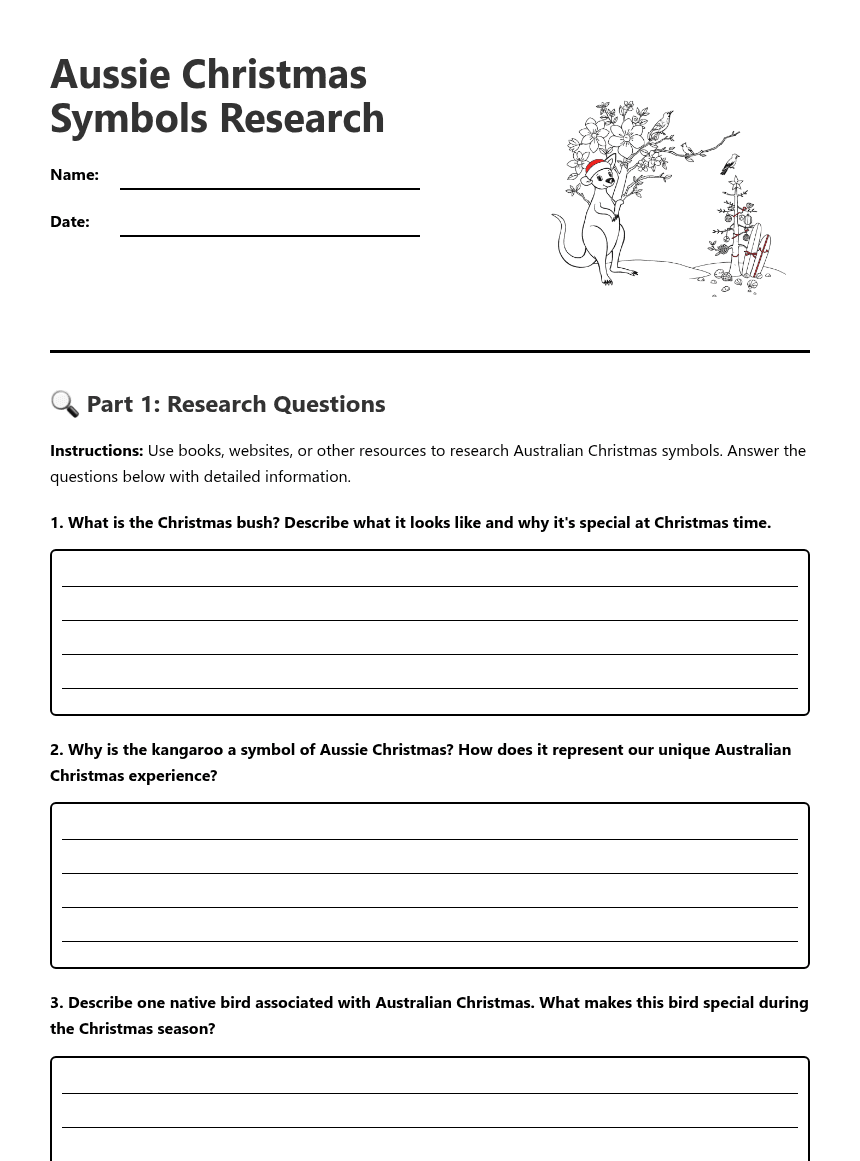 Aussie Christmas Symbols Research worksheet preview