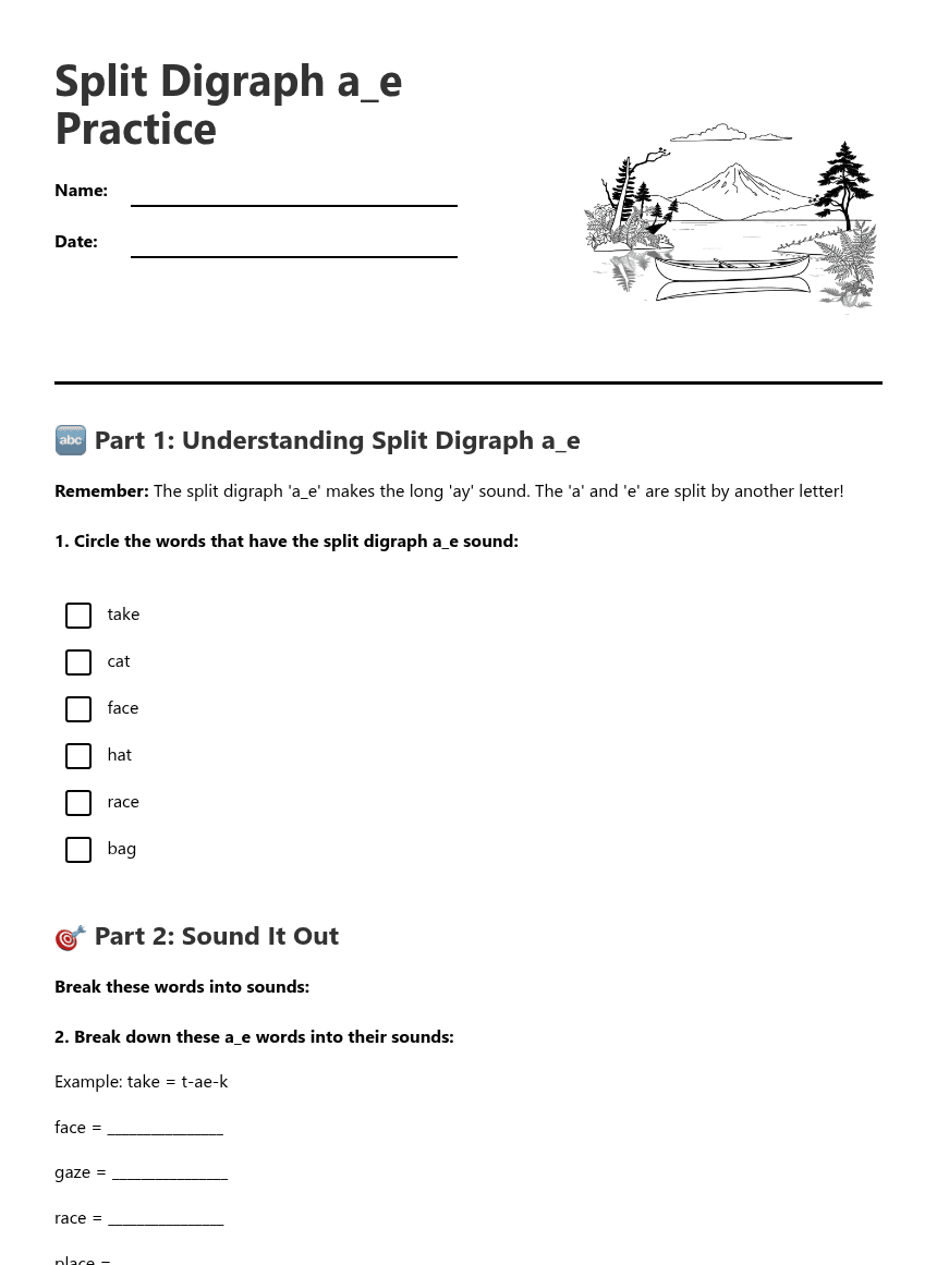 Split Digraph a_e Practice worksheet preview