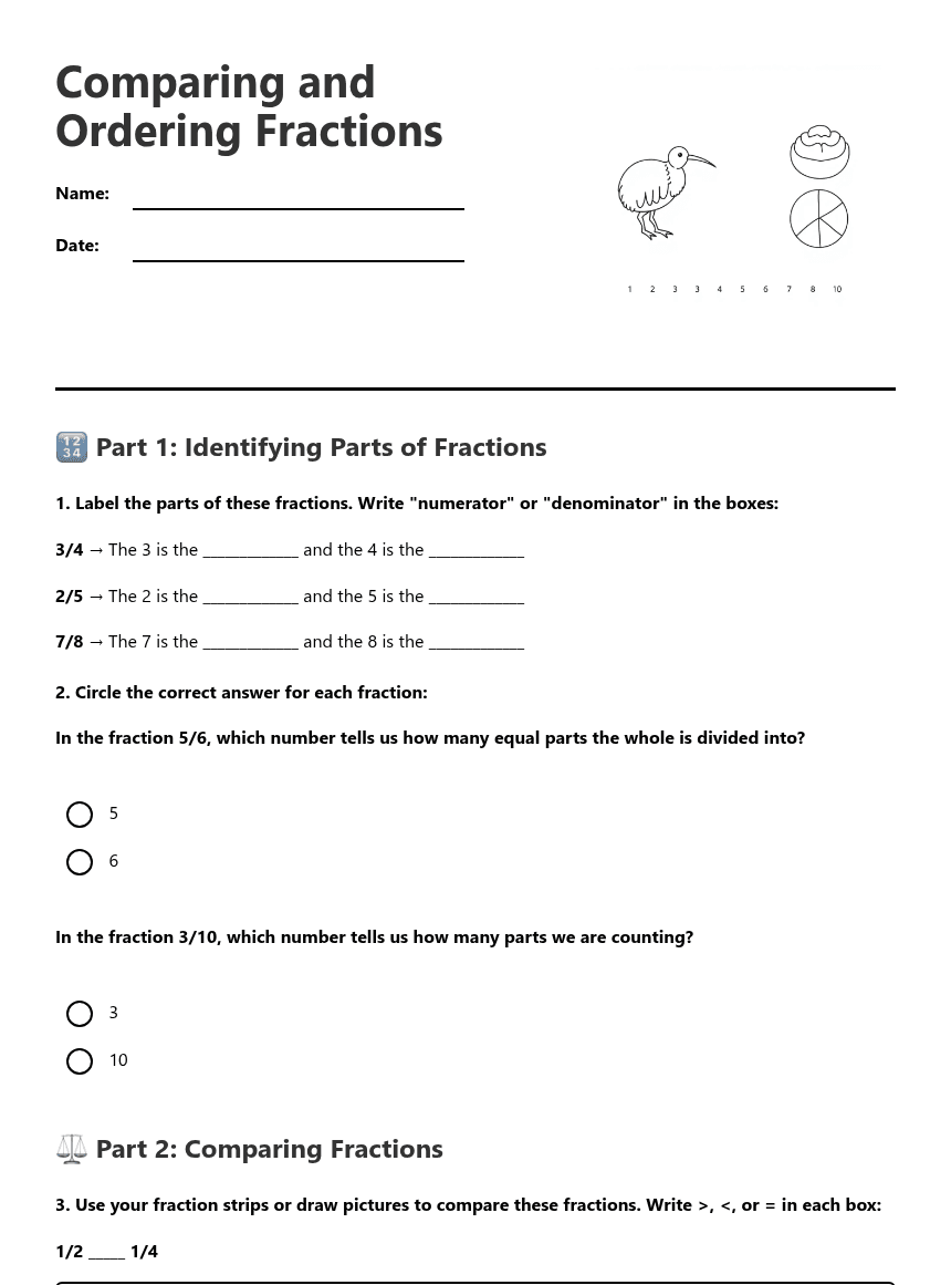 Comparing and Ordering Fractions worksheet preview