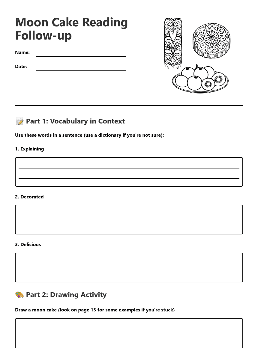 Moon Cake Reading Follow-up worksheet preview