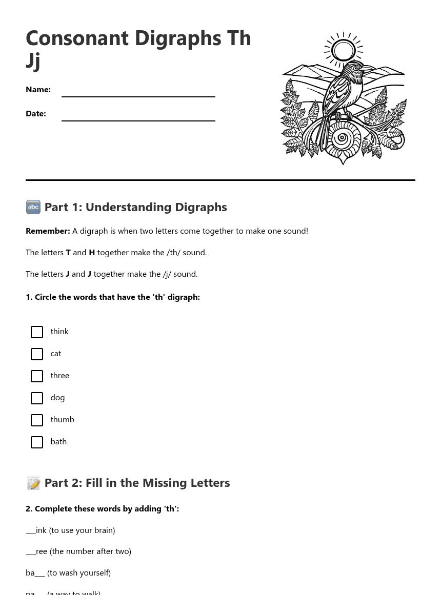 Consonant Digraphs Th Jj worksheet preview