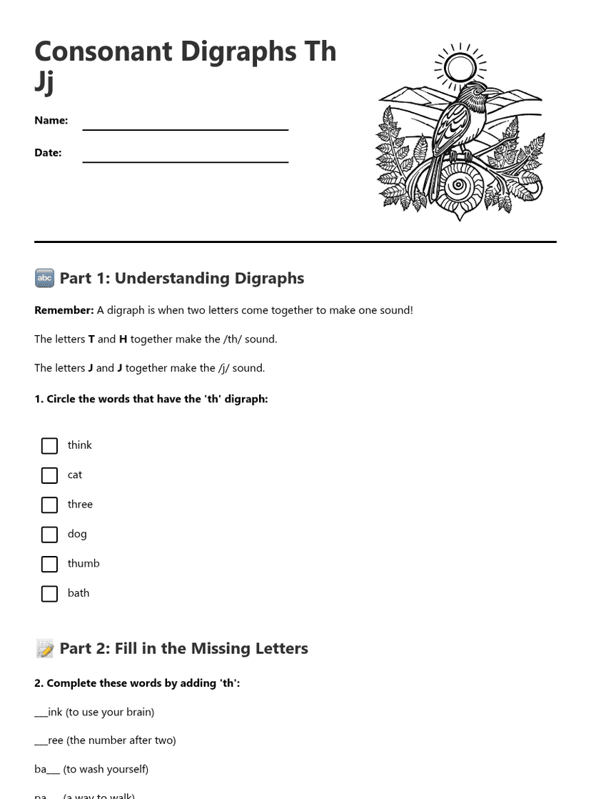 Consonant Digraphs Th Jj