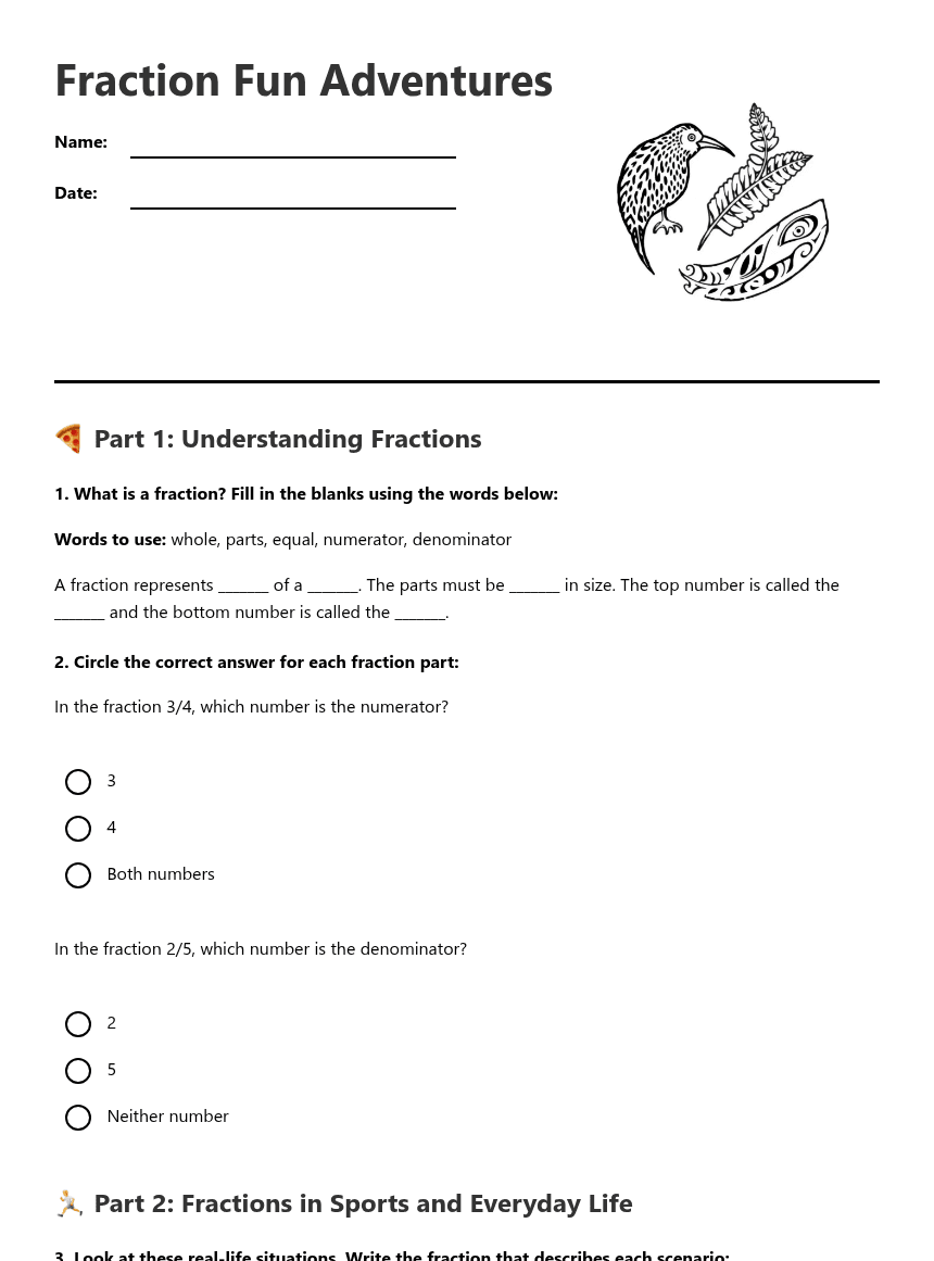 Fraction Fun Adventures worksheet preview