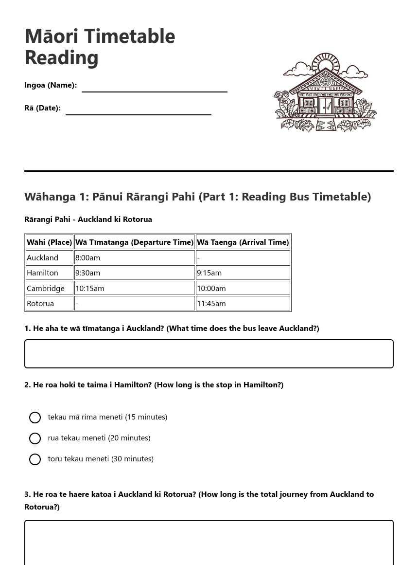 Māori Timetable Reading worksheet preview