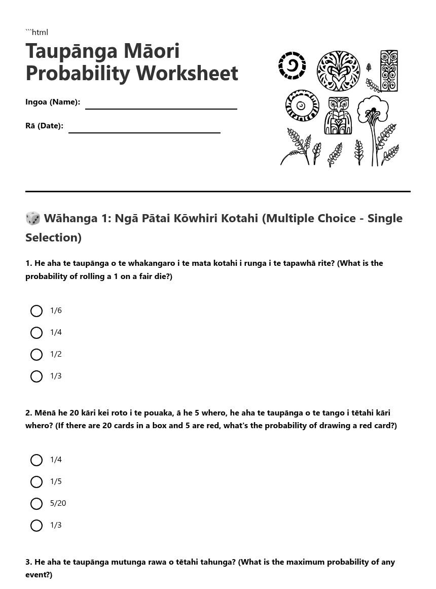 Taupānga Māori Probability Worksheet worksheet preview