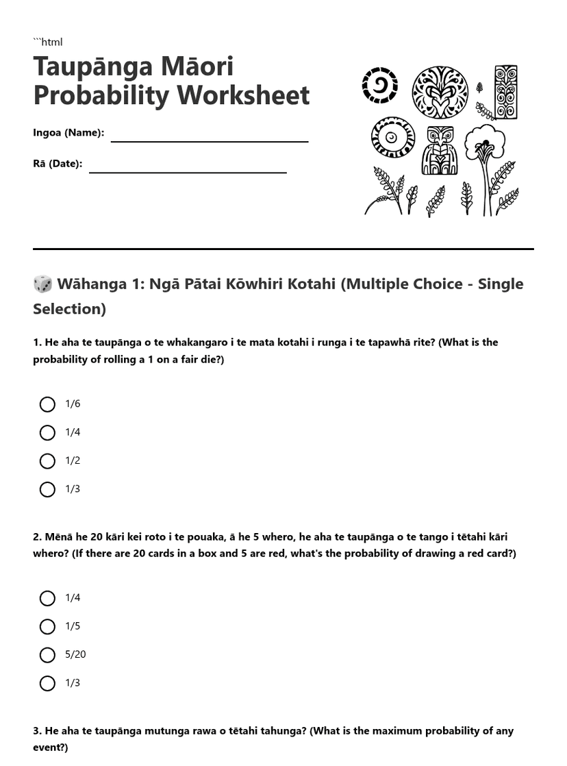Taupānga Māori Probability Worksheet