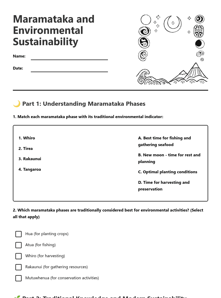 Maramataka and Environmental Sustainability worksheet preview