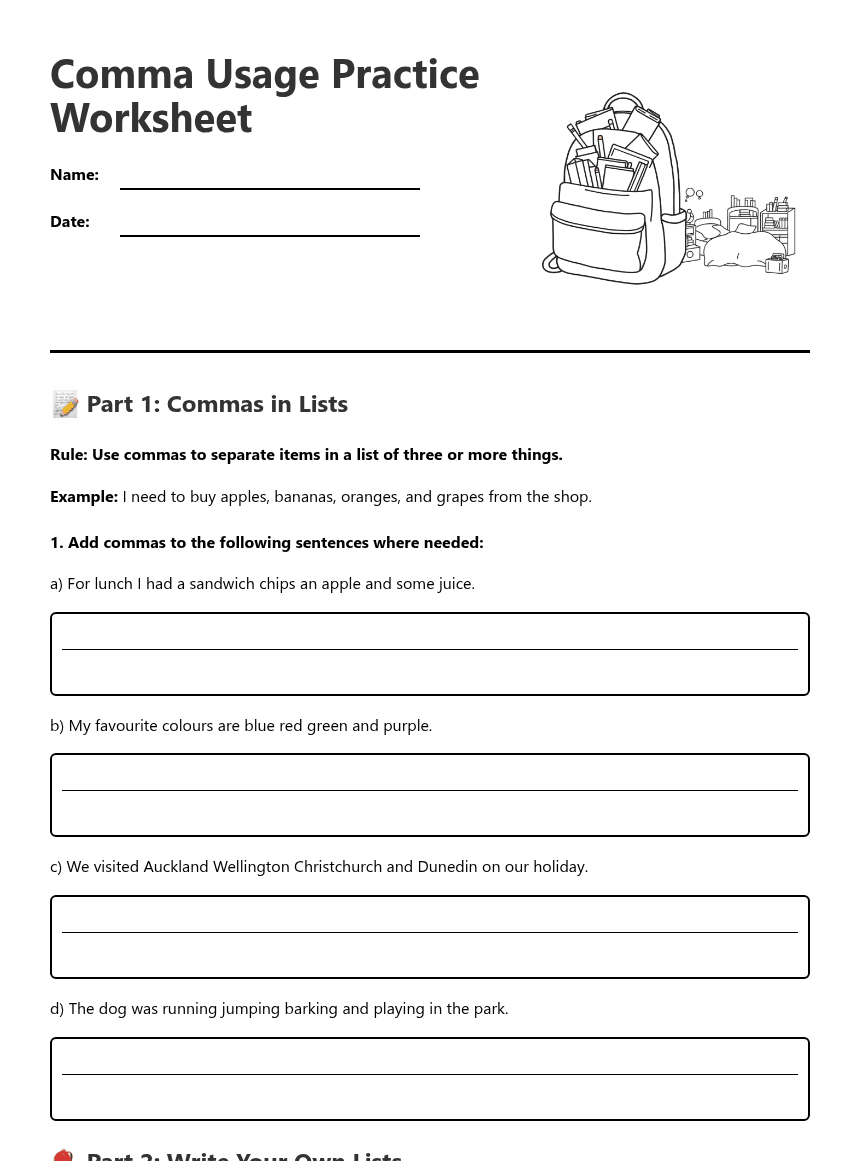 Comma Usage Practice Worksheet worksheet preview