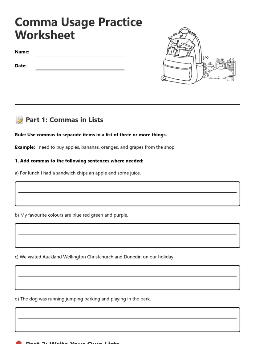 Comma Usage Practice Worksheet