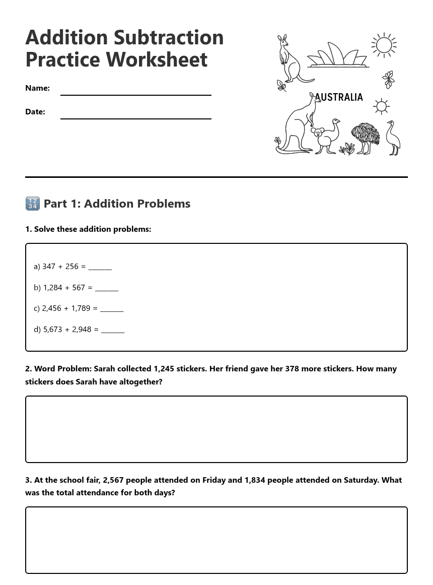Addition Subtraction Practice Worksheet worksheet preview