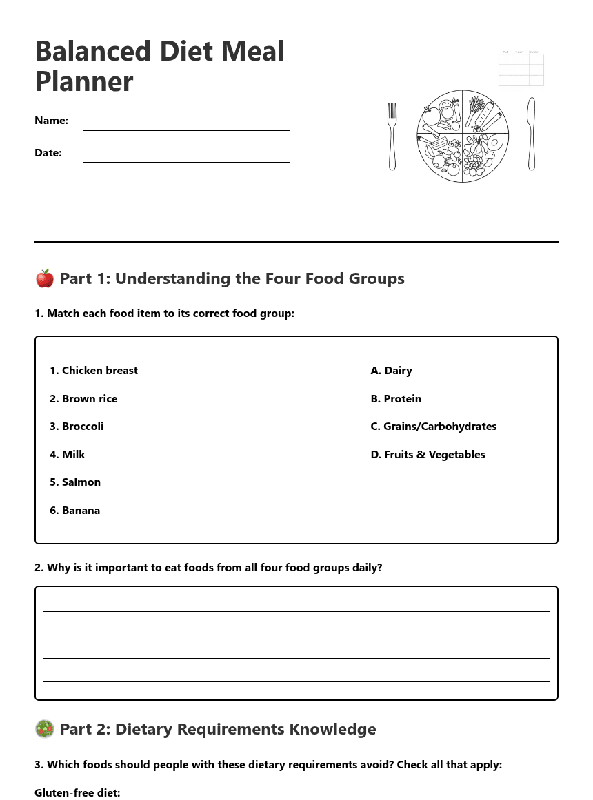 Balanced Diet Meal Planner worksheet preview