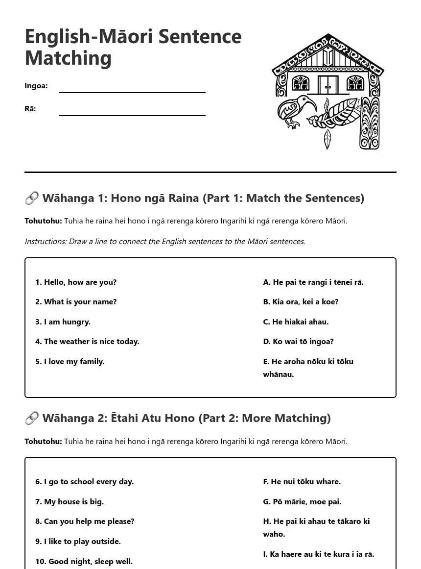 English-Māori Sentence Matching worksheet preview