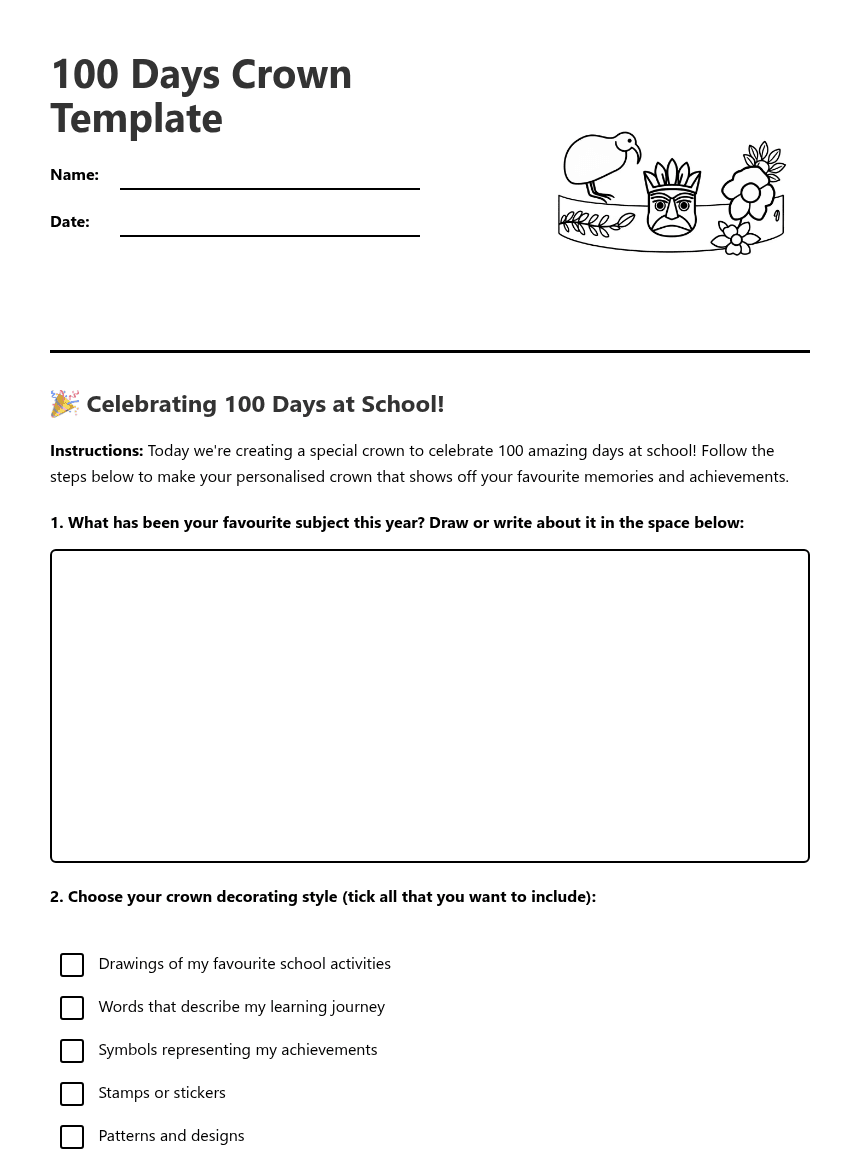 100 Days Crown Template worksheet preview