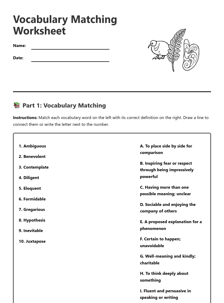 Vocabulary Matching Worksheet worksheet preview