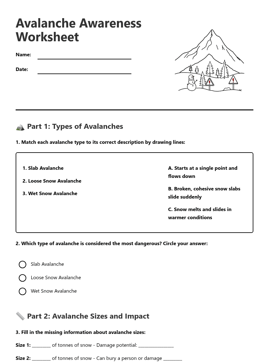 Avalanche Awareness Worksheet worksheet preview