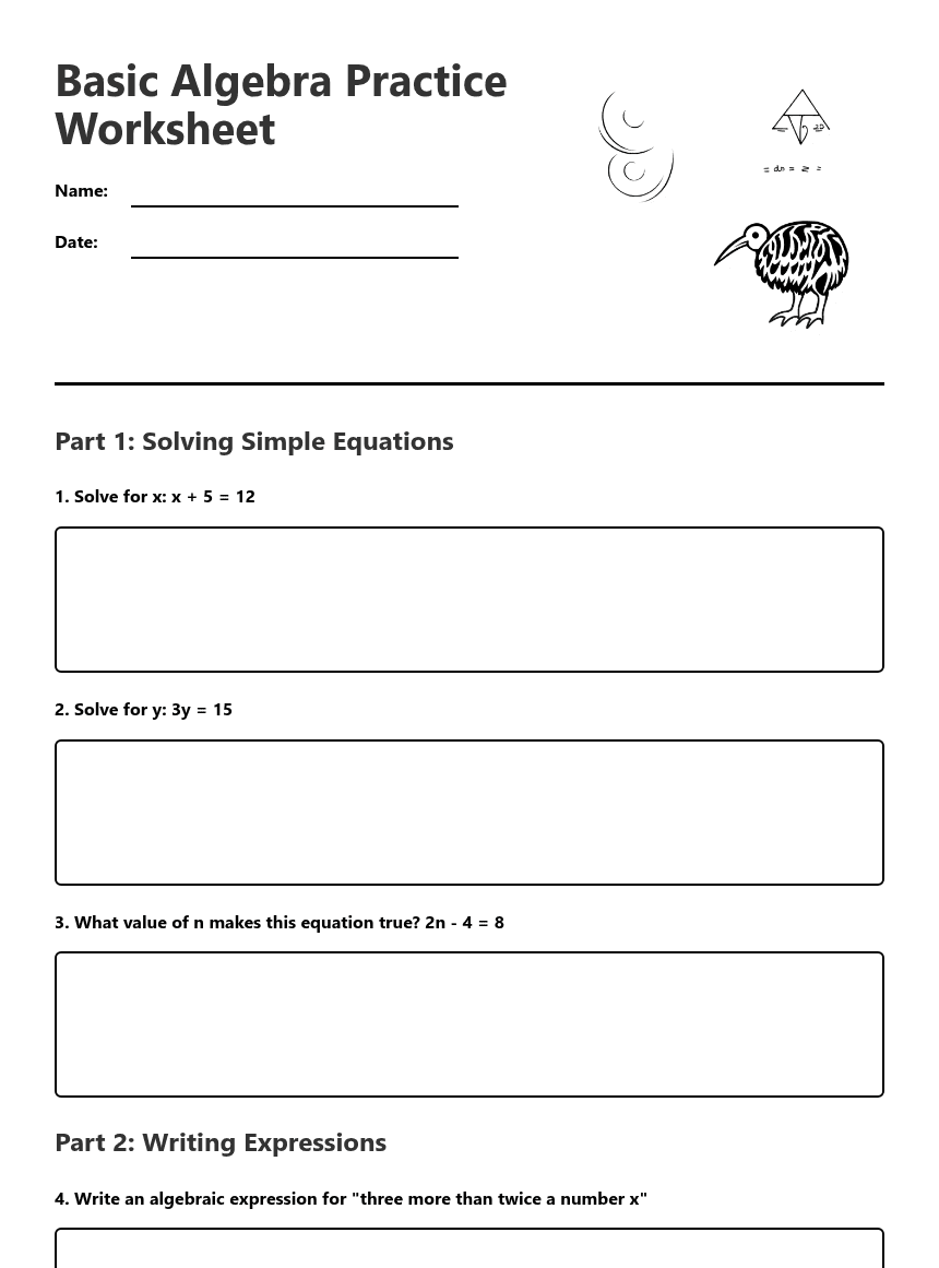 Basic Algebra Practice Worksheet worksheet preview