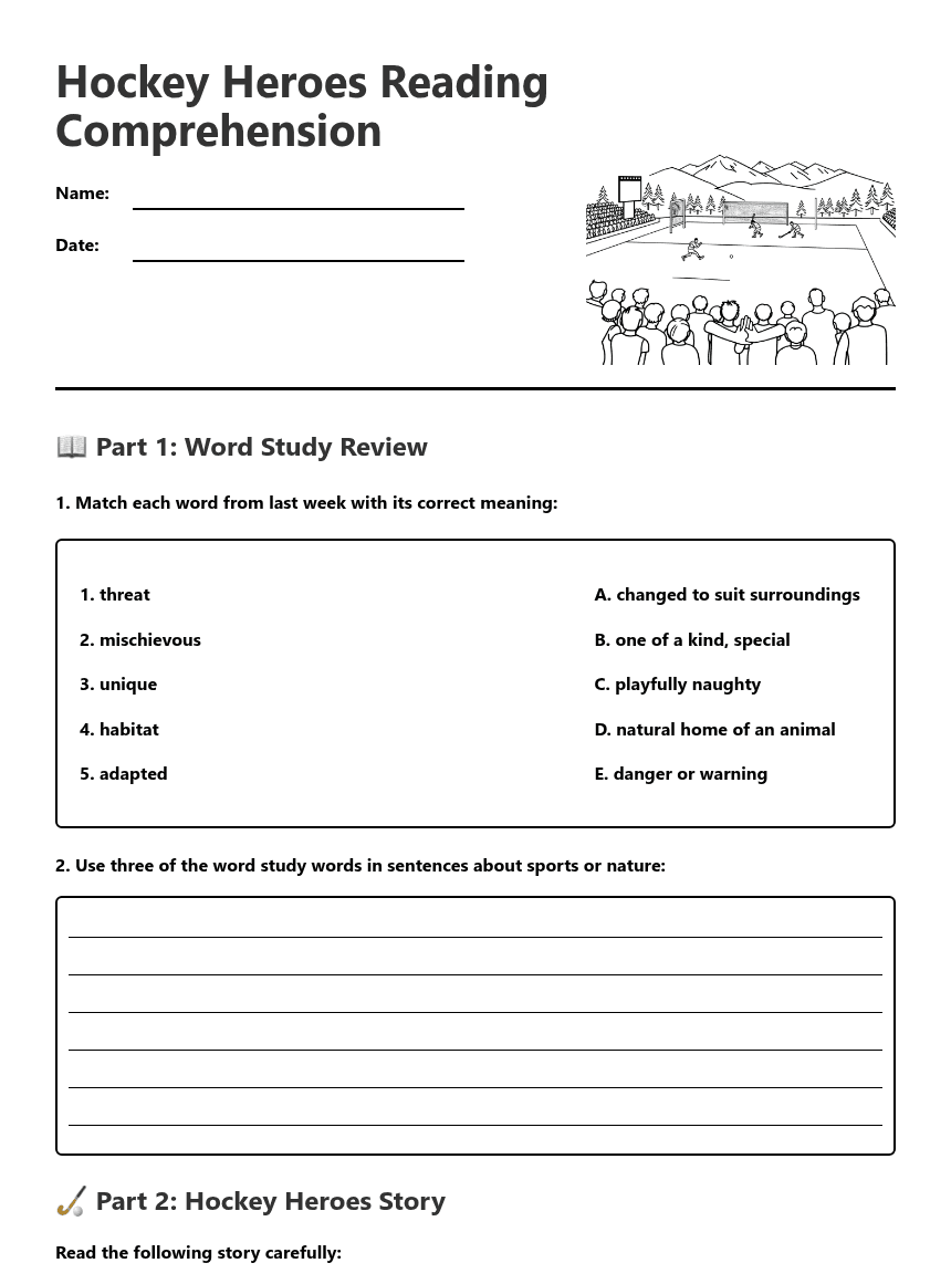 Hockey Heroes Reading Comprehension worksheet preview