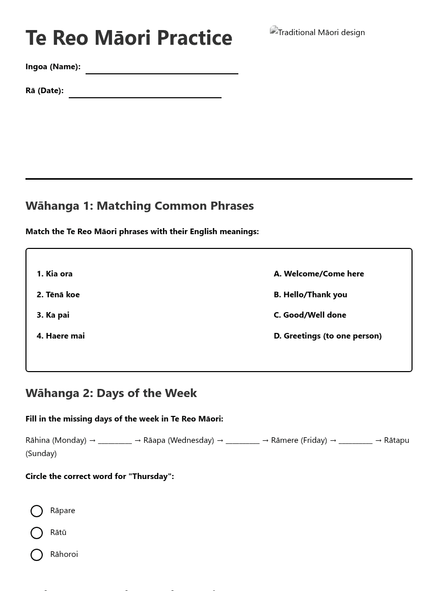 Te Reo Māori Practice worksheet preview