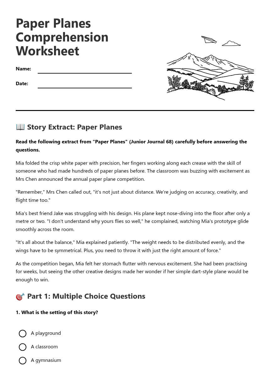 Paper Planes Comprehension Worksheet worksheet preview