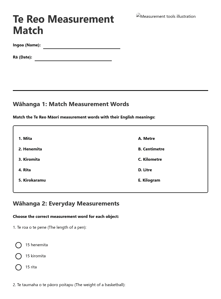 Te Reo Measurement Match worksheet preview