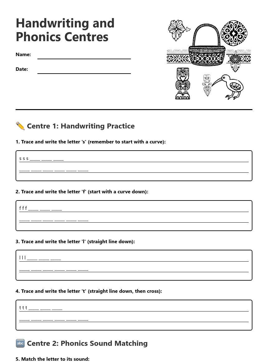 Handwriting and Phonics Centres worksheet preview