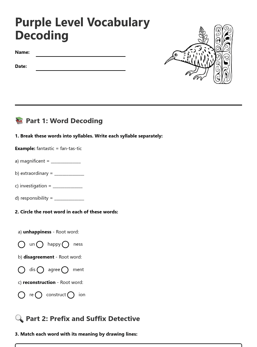 Purple Level Vocabulary Decoding worksheet preview