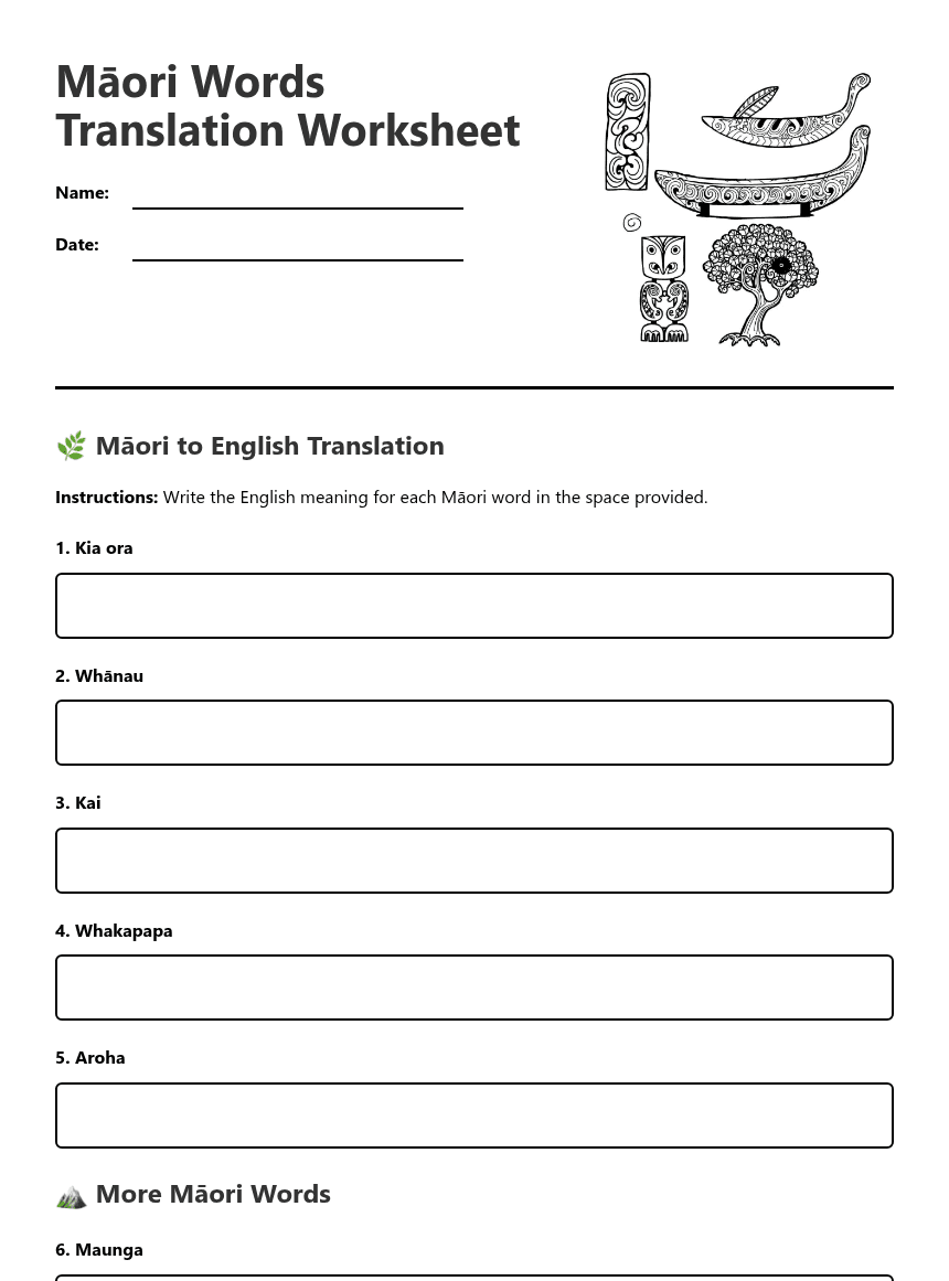 Maori Words Translation Worksheet worksheet preview