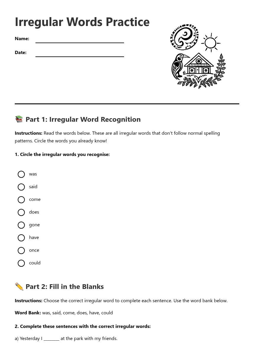 Irregular Words Practice worksheet preview