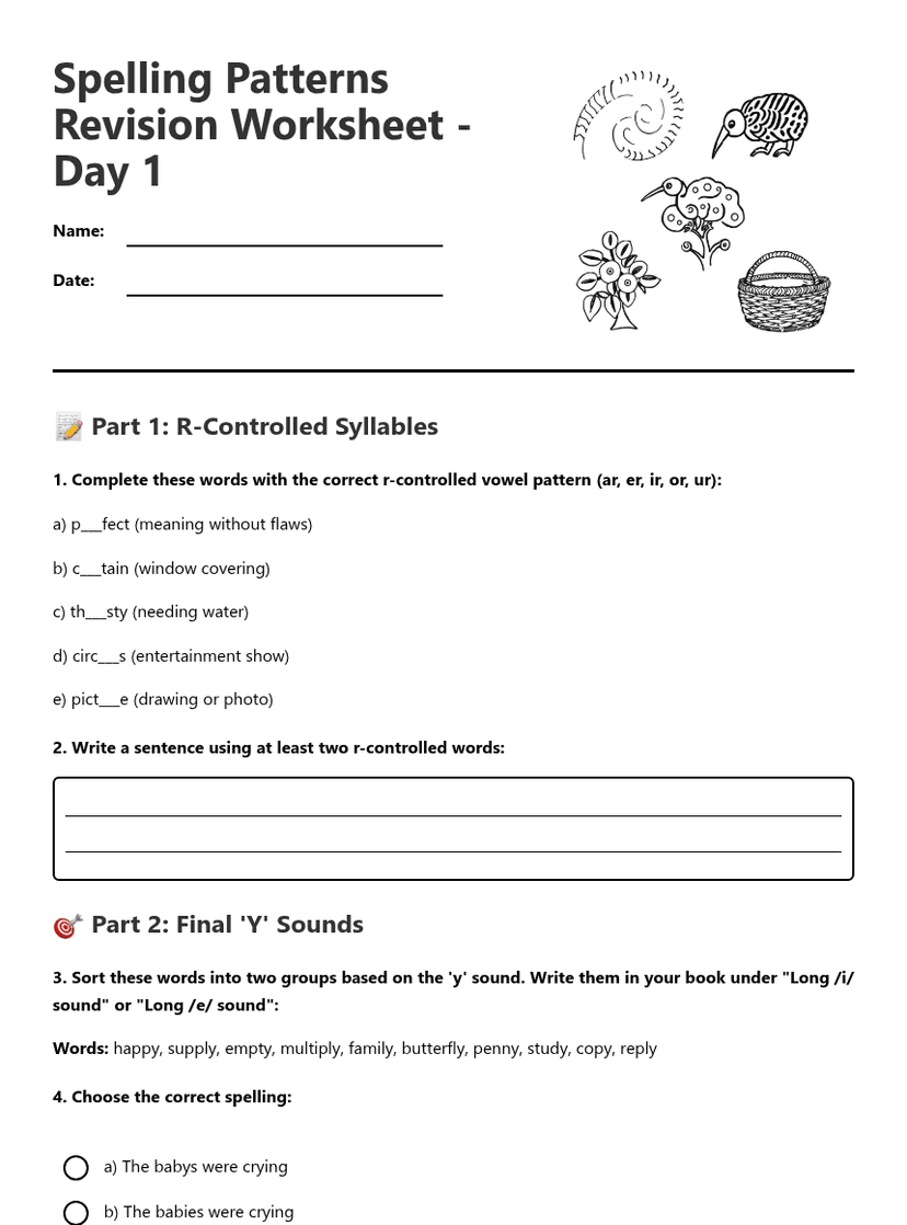 Spelling Patterns Revision Worksheet